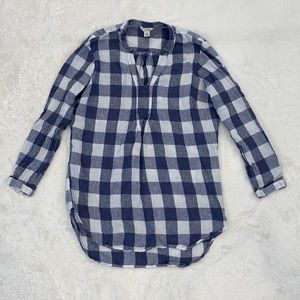L.L. Bean Split Neck Linen Tunic Long Sleeve Plaid Top